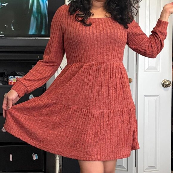 Women's Caramel Square Neck Long Sleeve Fall Casual Baby Doll Sweater Dress - Picture 1 of 3